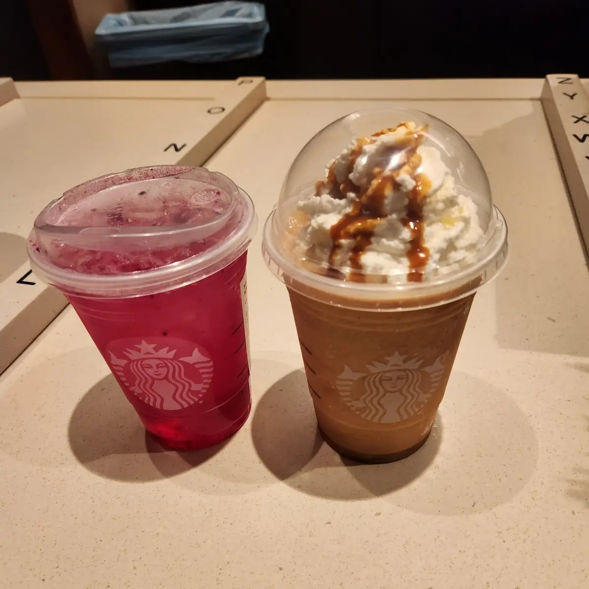 Mango Dragónfruit Refresher and Caramel Frappe