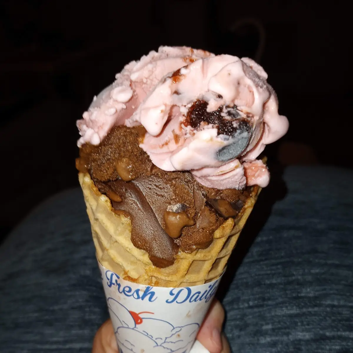 Chocolate Chocolate Chip and Cherry Ice Cream Cone