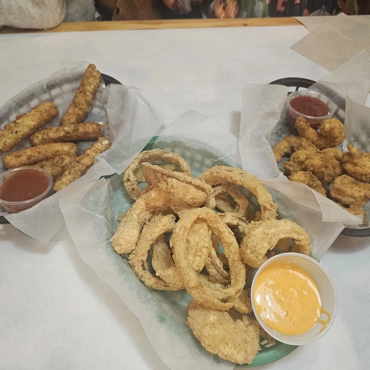 Onion Rings Shrimp and Mozzarella Sticks