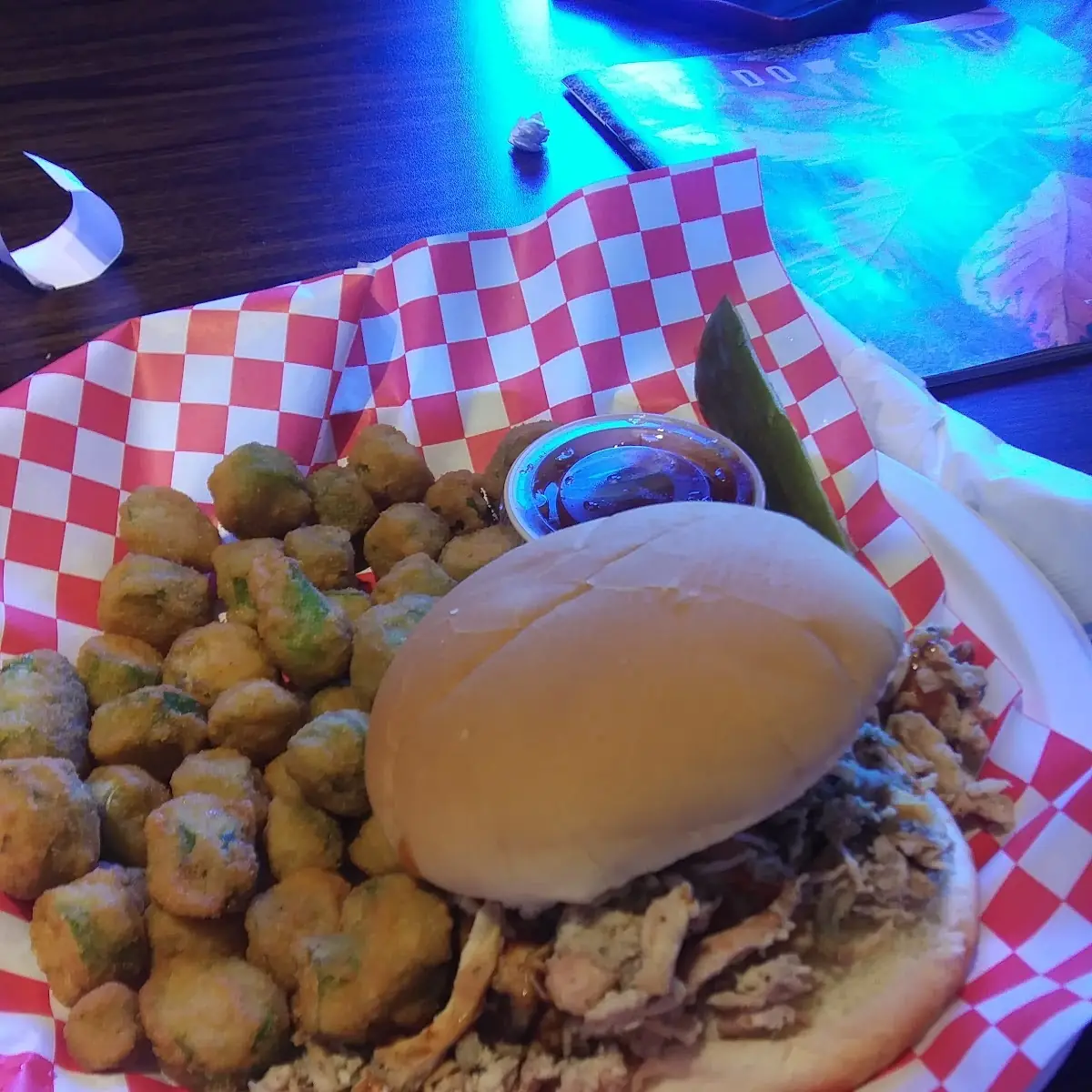 Pulled Chicken Sandwich and Okra