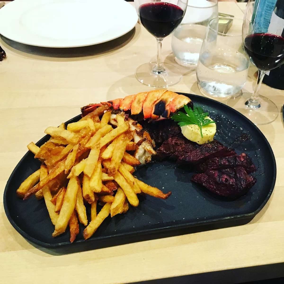Hanger Steak and Lobster Tail with Garlic Butter