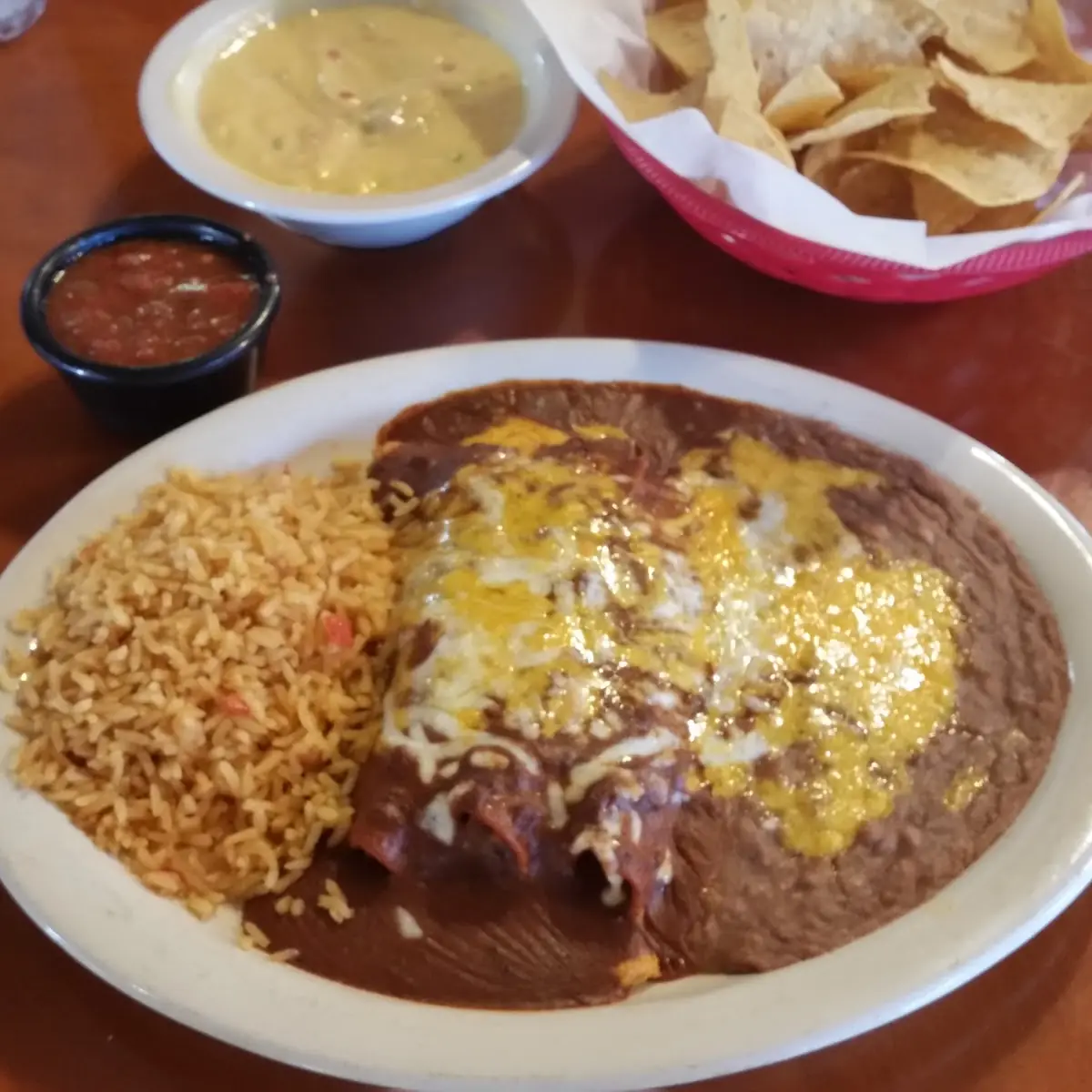 Chicken Enchiladas with Chili Queso and Chips