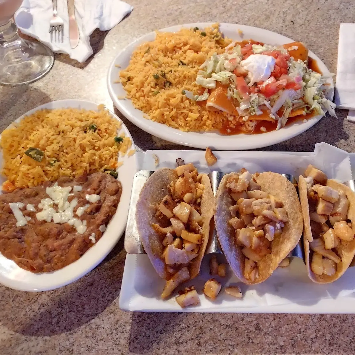 Fish Tacos Refried Beans and Rice