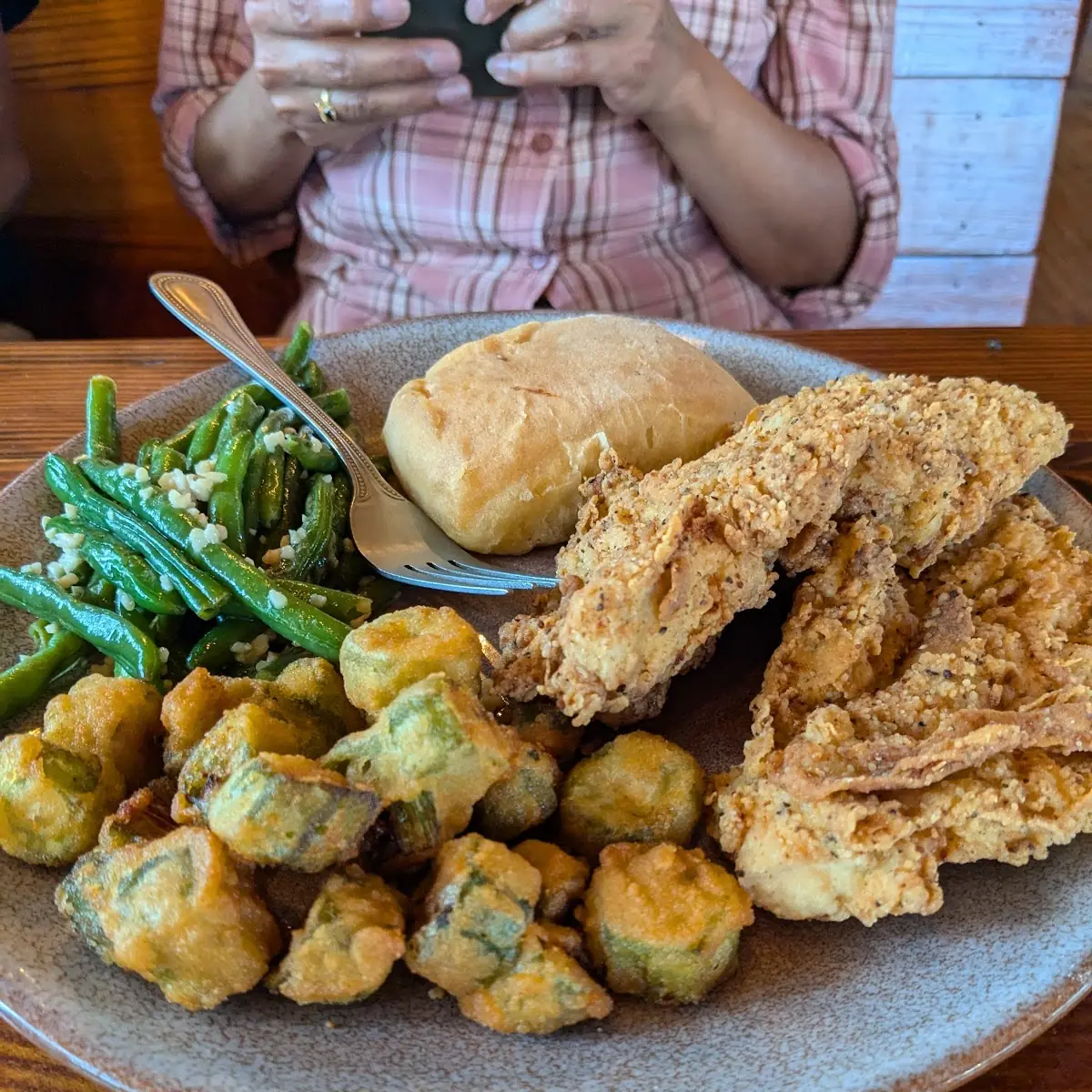 Chicken Strips Fried Okra and Green Beans