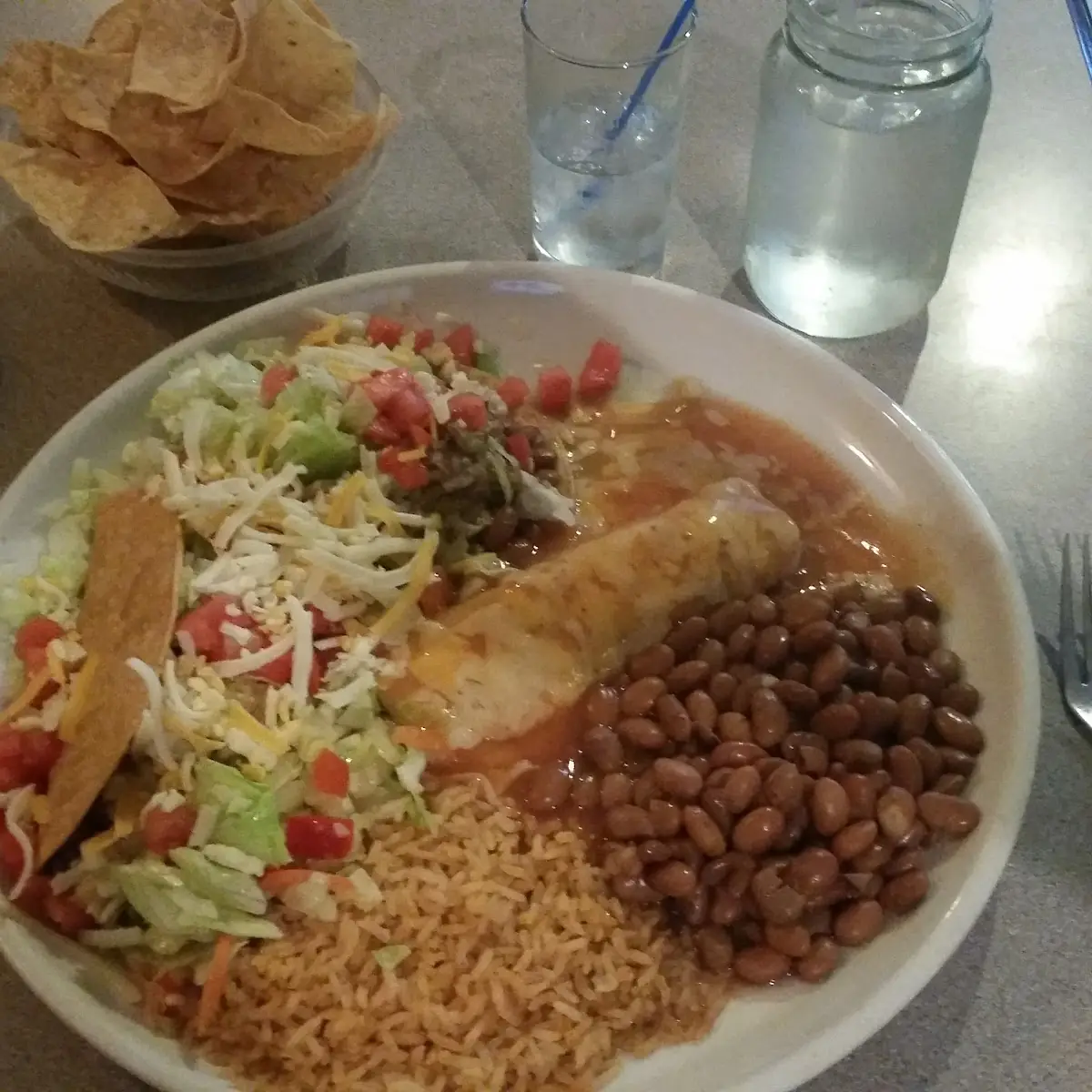 Chile Verde Tostada and Chicken Enchilada