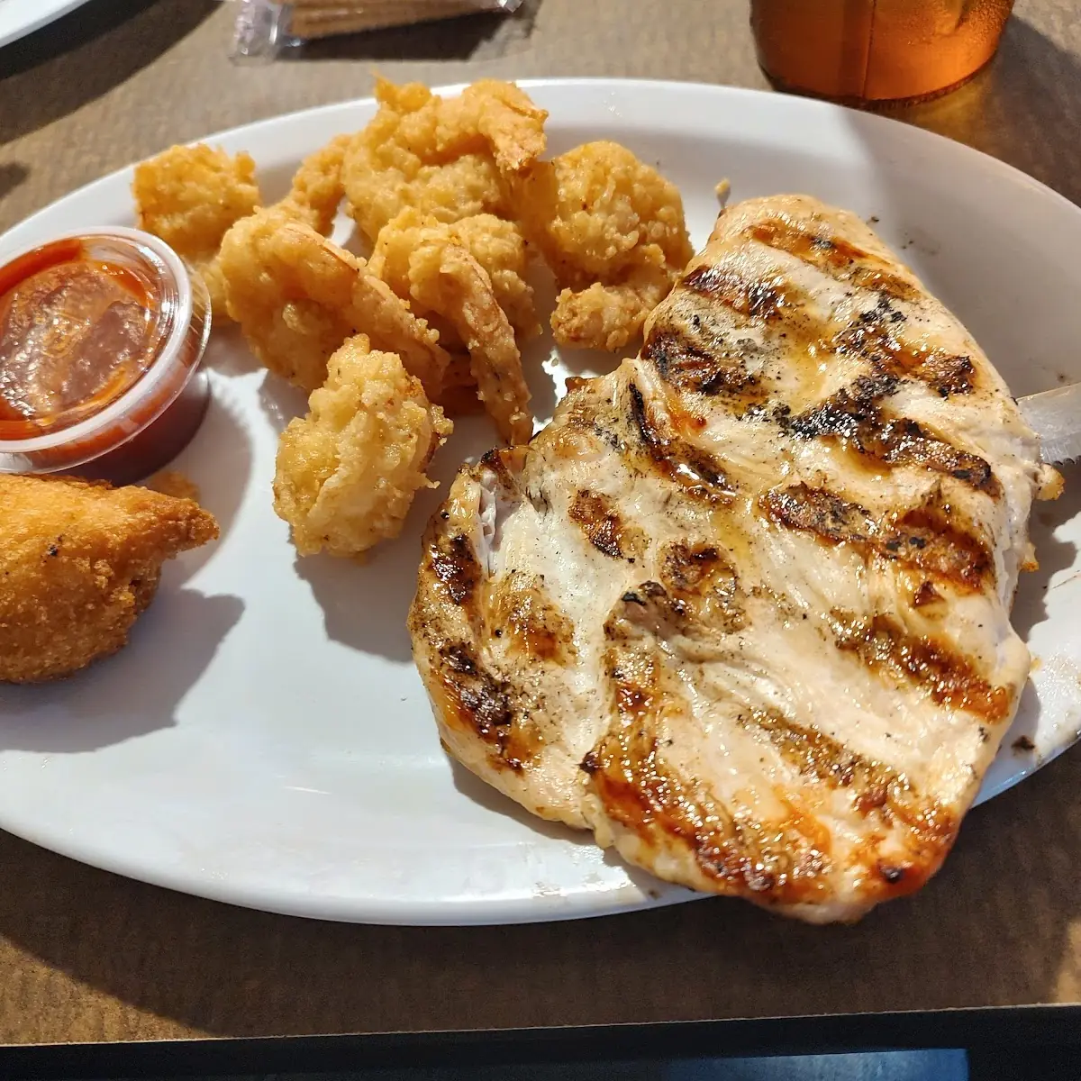 Grilled Chicken Fried Shrimp Hush Puppy