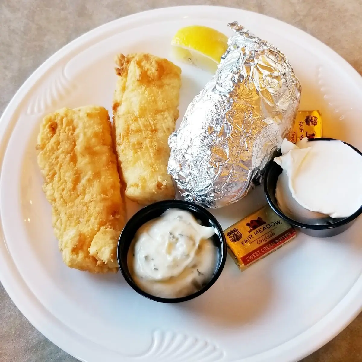 Deep Fried Cod Baked Potato Cole Slaw