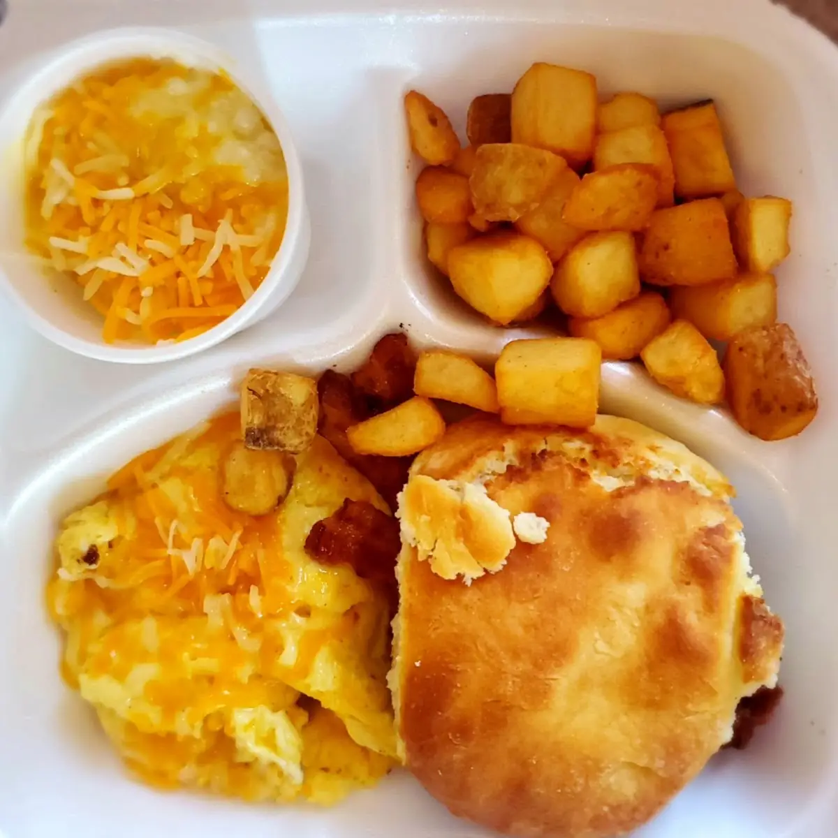 Cheese Grits Breakfast Potatoes Scrambled Eggs Bacon Biscuit
