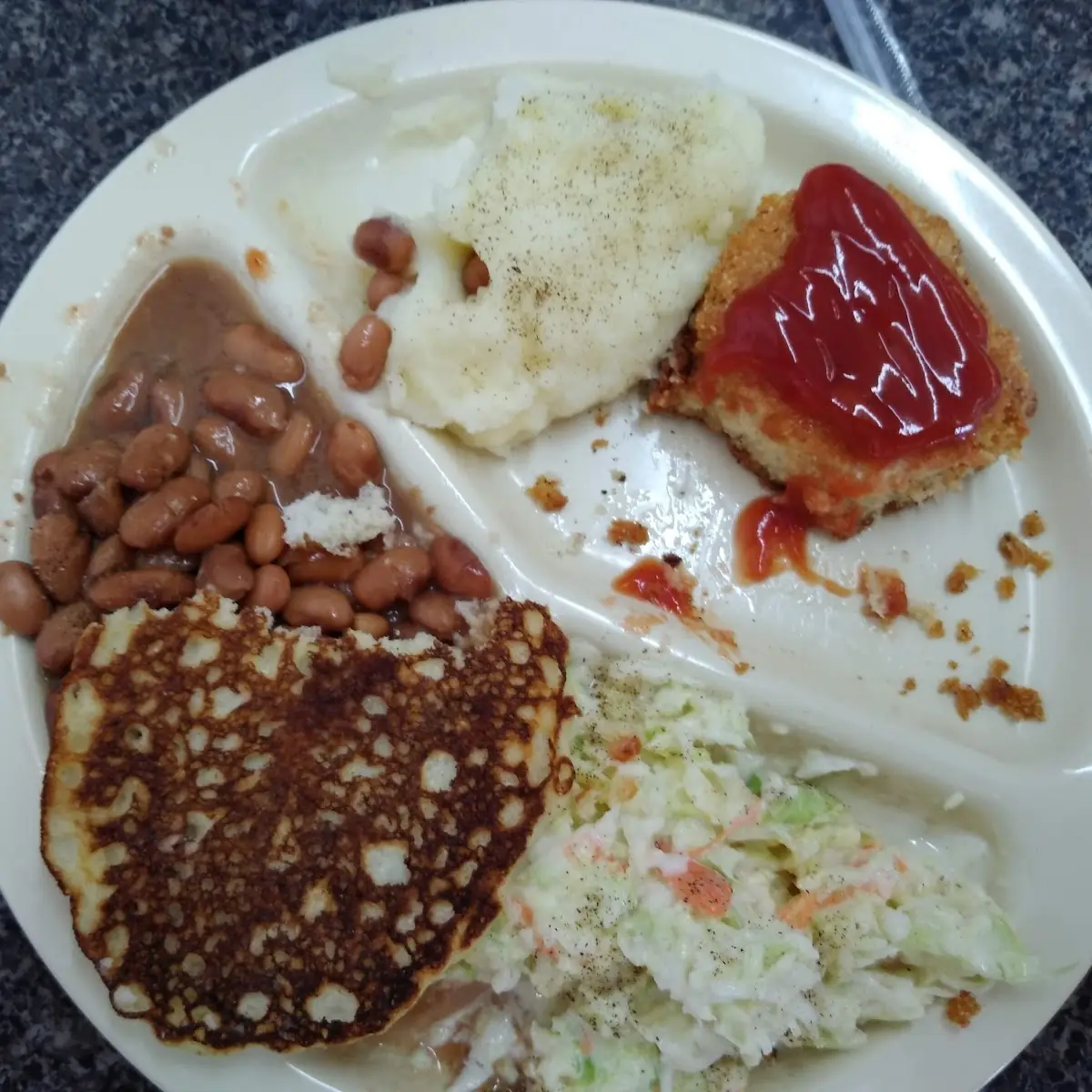 Buffet- Salmon Pinto Beans Mashed Potatoes Slaw Cornbread Fritter