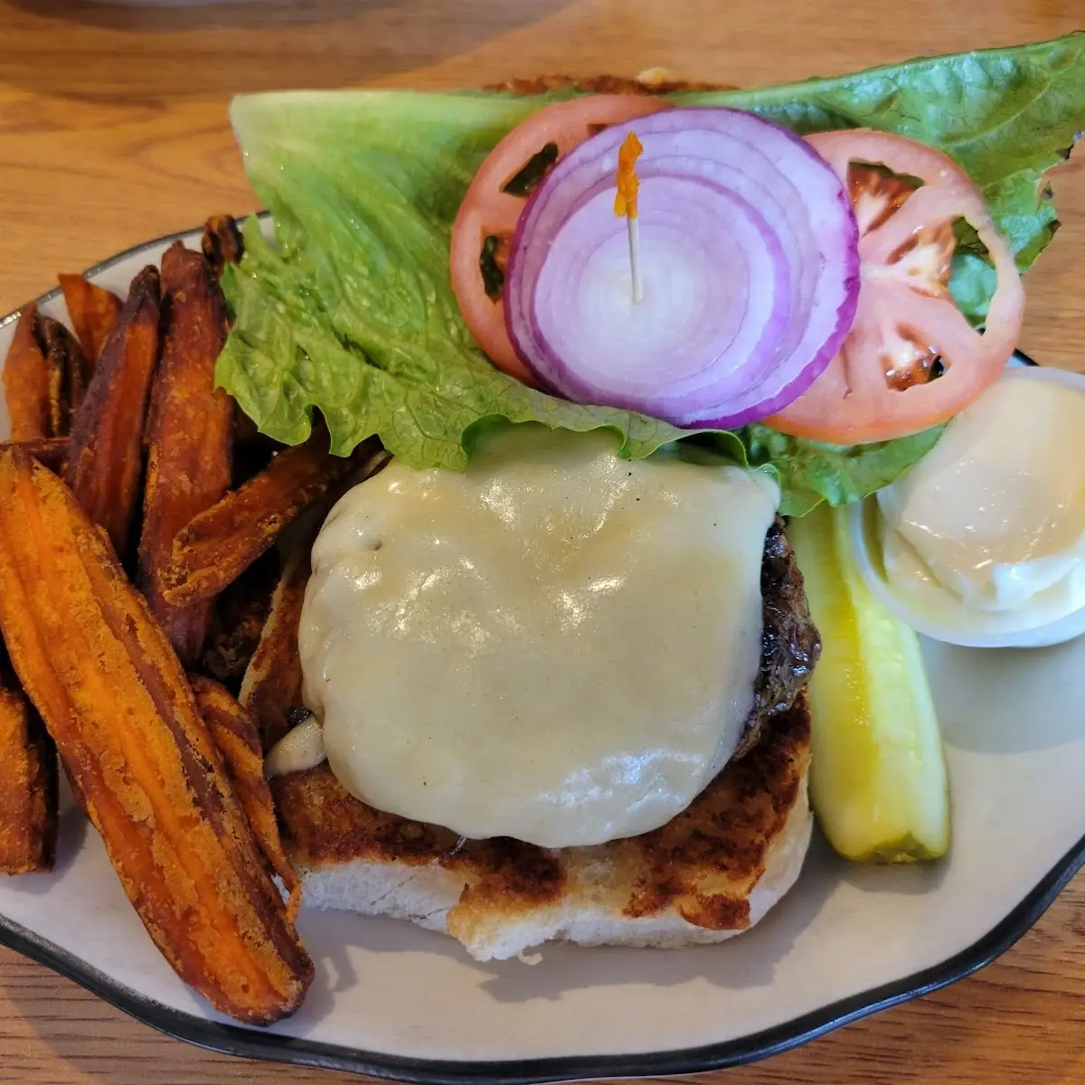 Burger and Sweet Potato Wedges