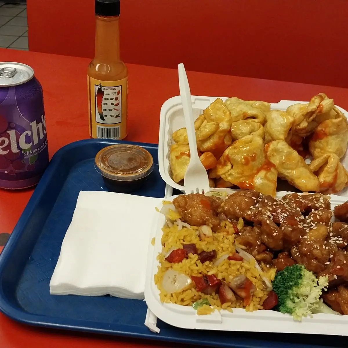 Sesame Chicken with Pork Fried Rice and Wontons