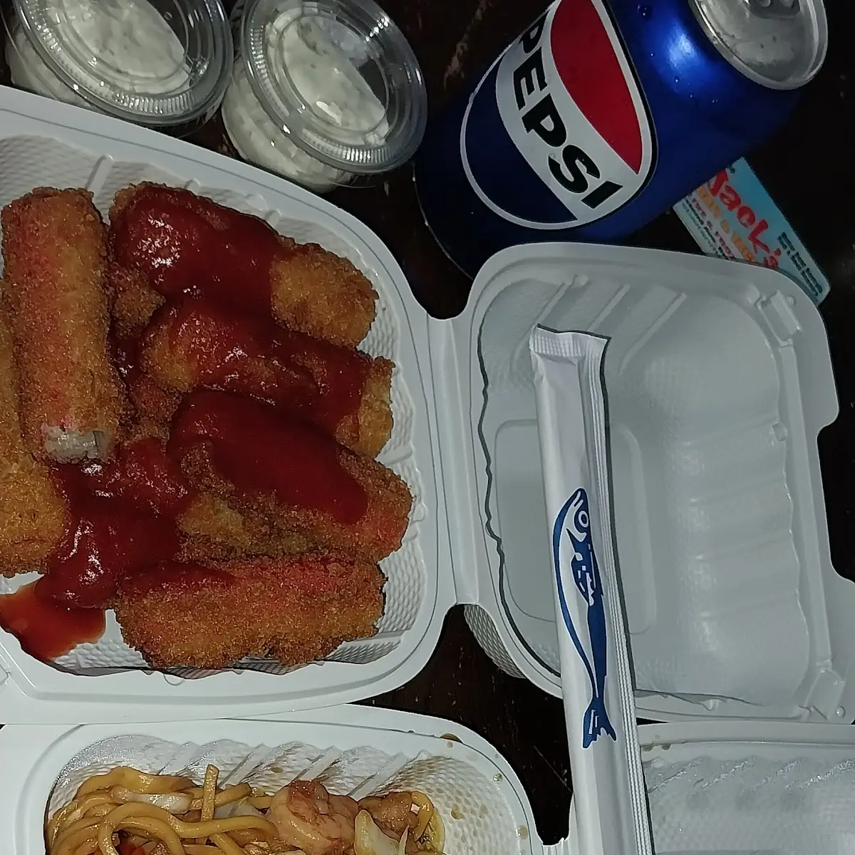 Shrimp Lo Mein and Crab Sticks