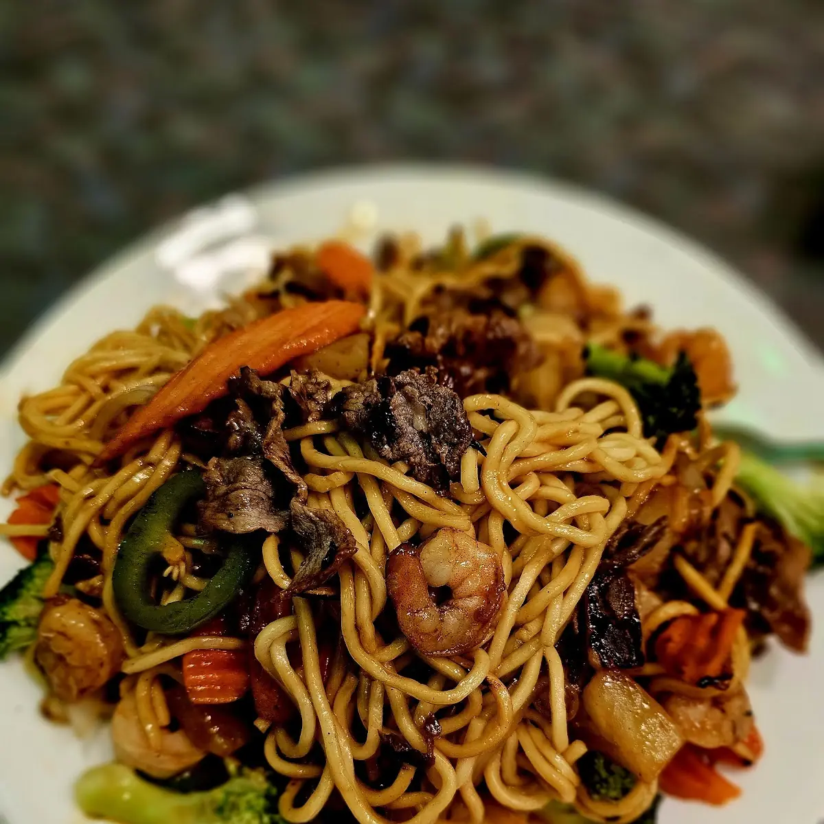My Combination of Beef Chicken Broccoli Mushrooms Sprouts Celery Onions & Noodles