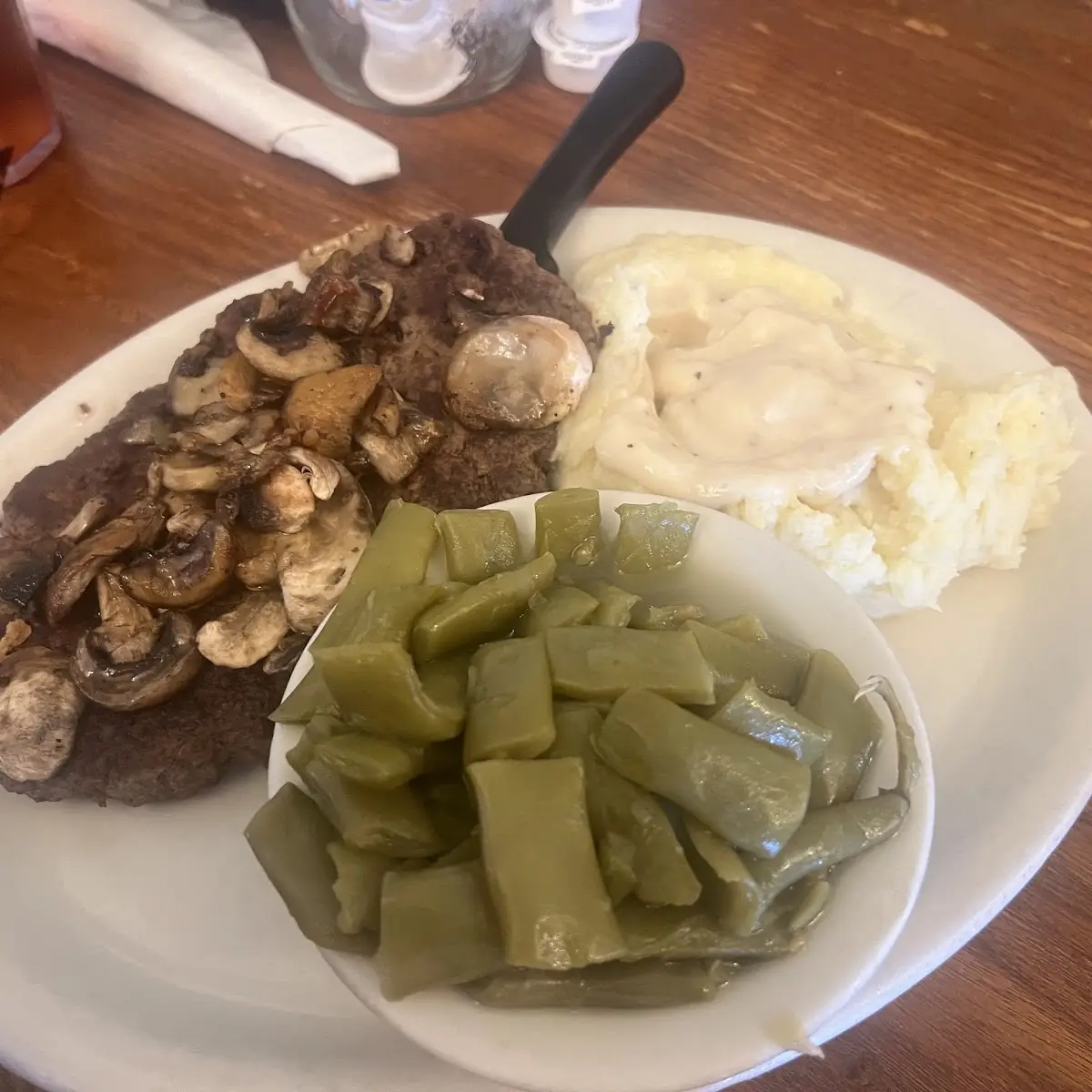 Green Beans Mash Potatoes and Hamburger Steak