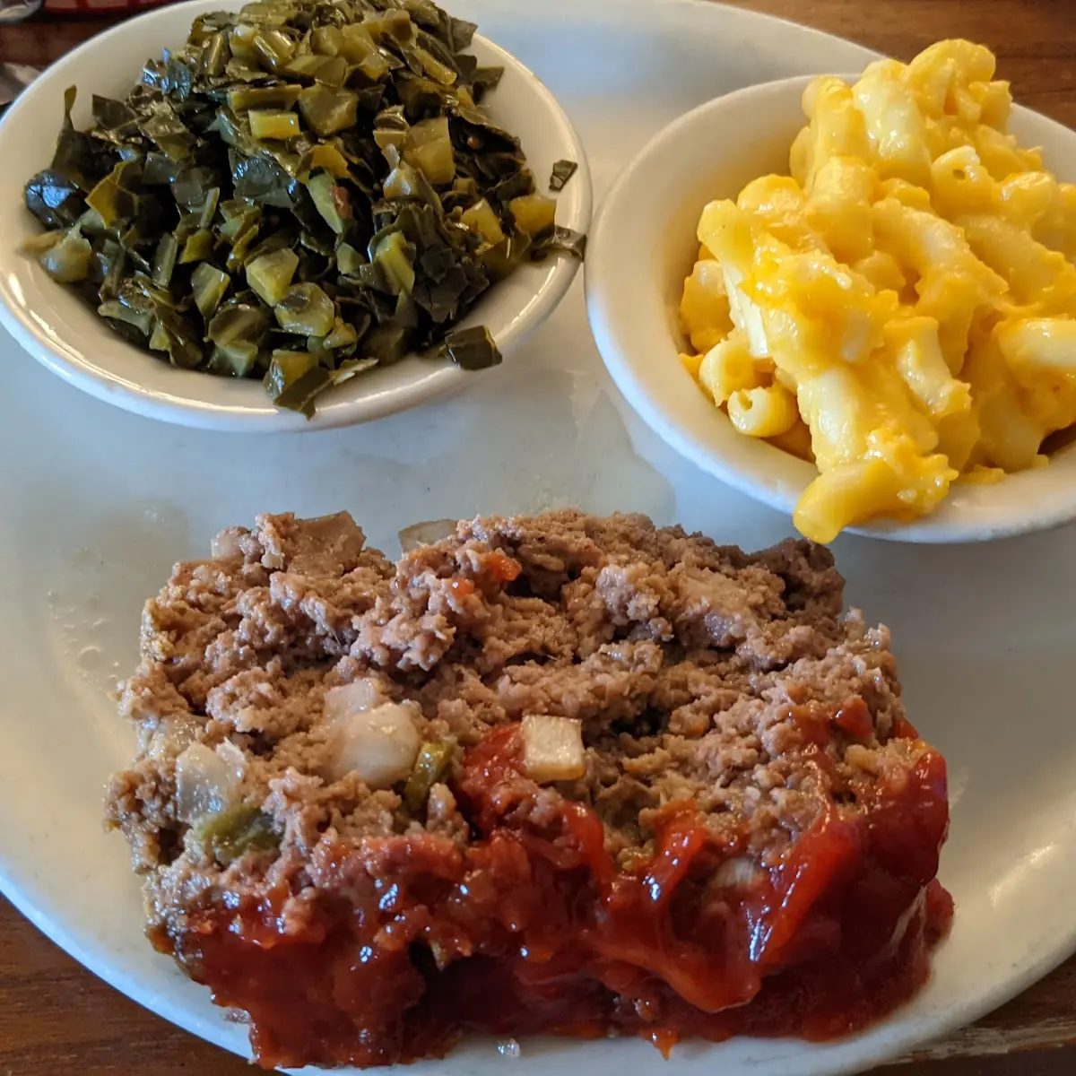 Meatloaf Mac and Cheese and Collard Greens