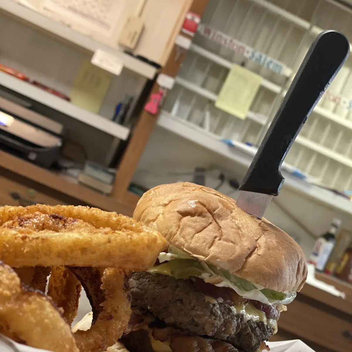 Double Bacon Cheeseburger and Onion Rings