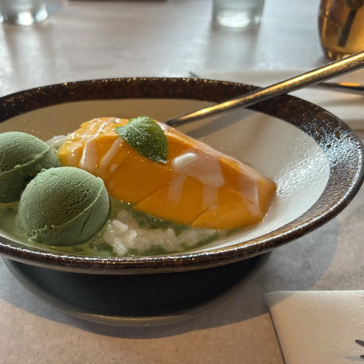Mango Sticky Rice with Green Tea Ice Cream