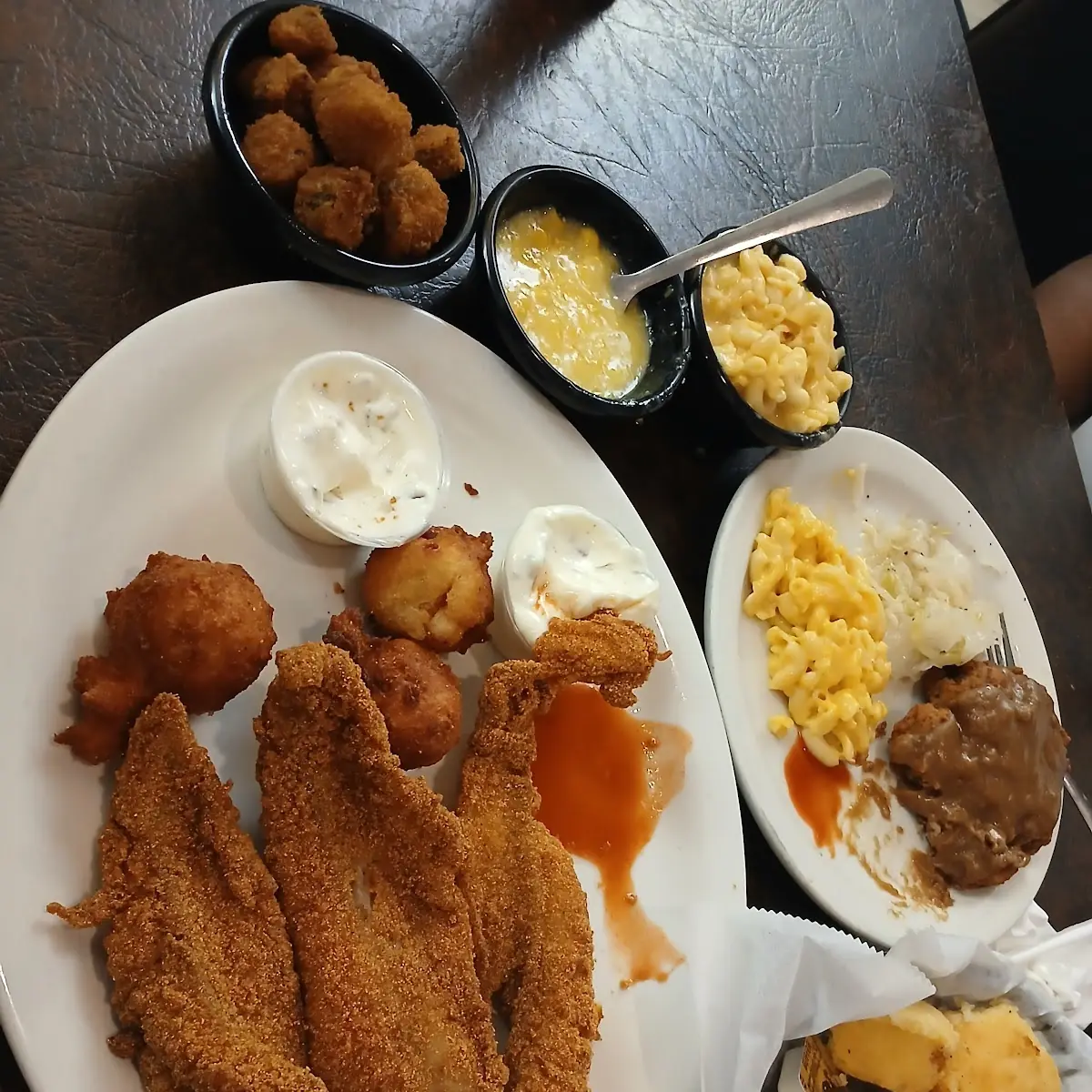 Chicken Fried Chicken with Mac and Cheese and Mashed Potatoes