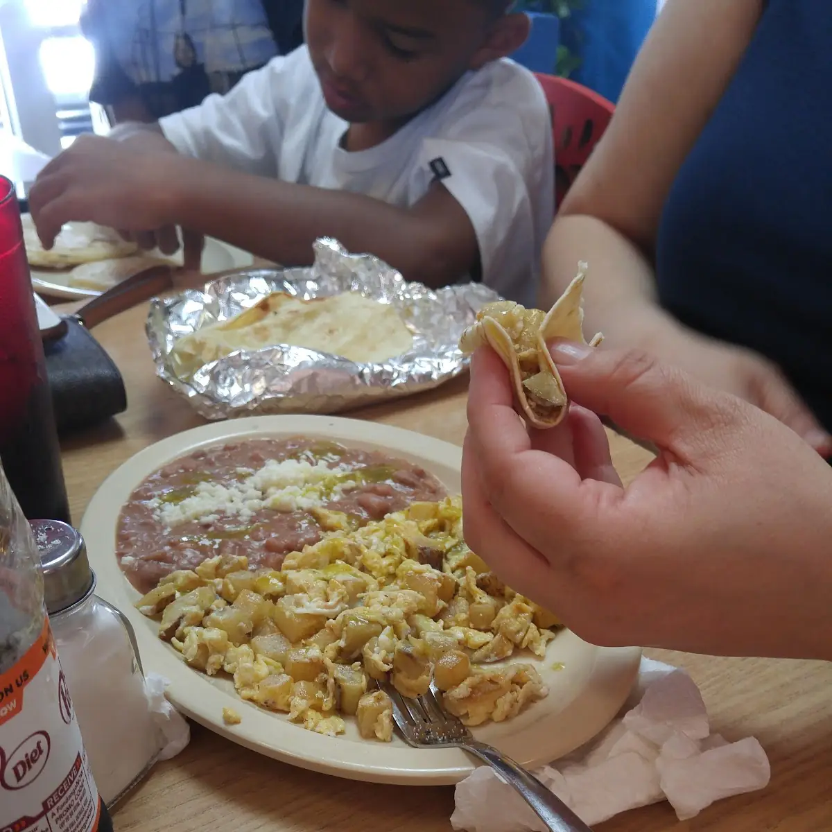 Potatoes with Eggs and Refried Beans
