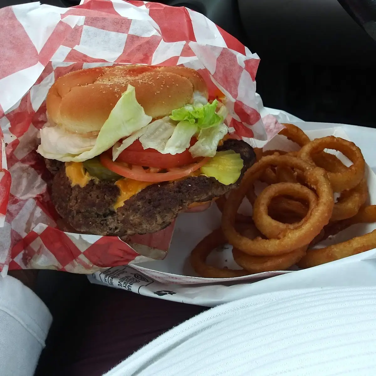 Half Pound Burger and Onion Rings