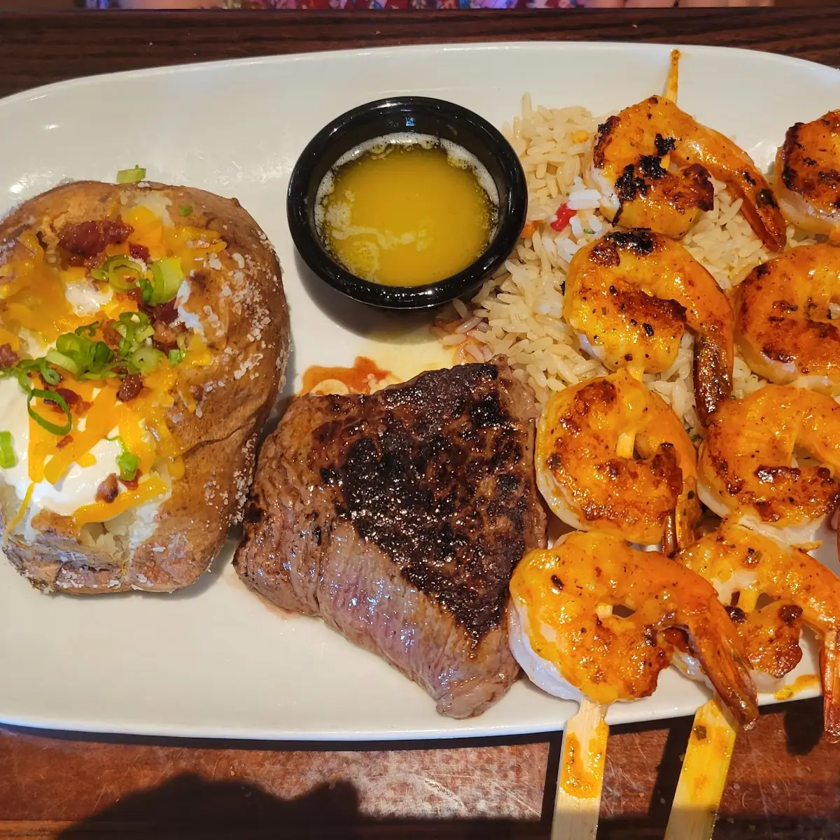 Glazed Salmon with Grilled Shrimp and Baked Potato