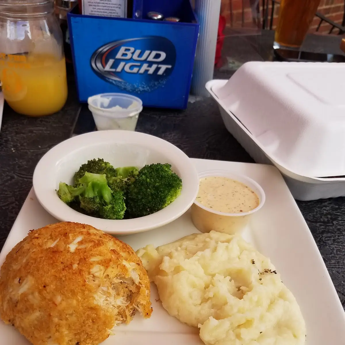 Crab Cake Mashed Potatoes and Broccoli