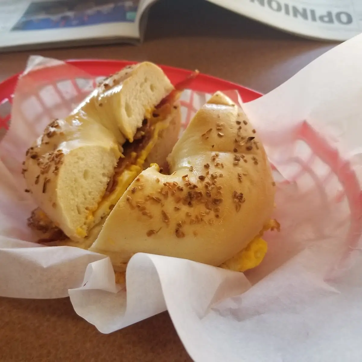 Bacon Egg and Cheese Onion Bagel Sandwich