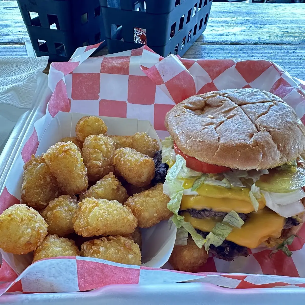 Double Smash Burger and Tots