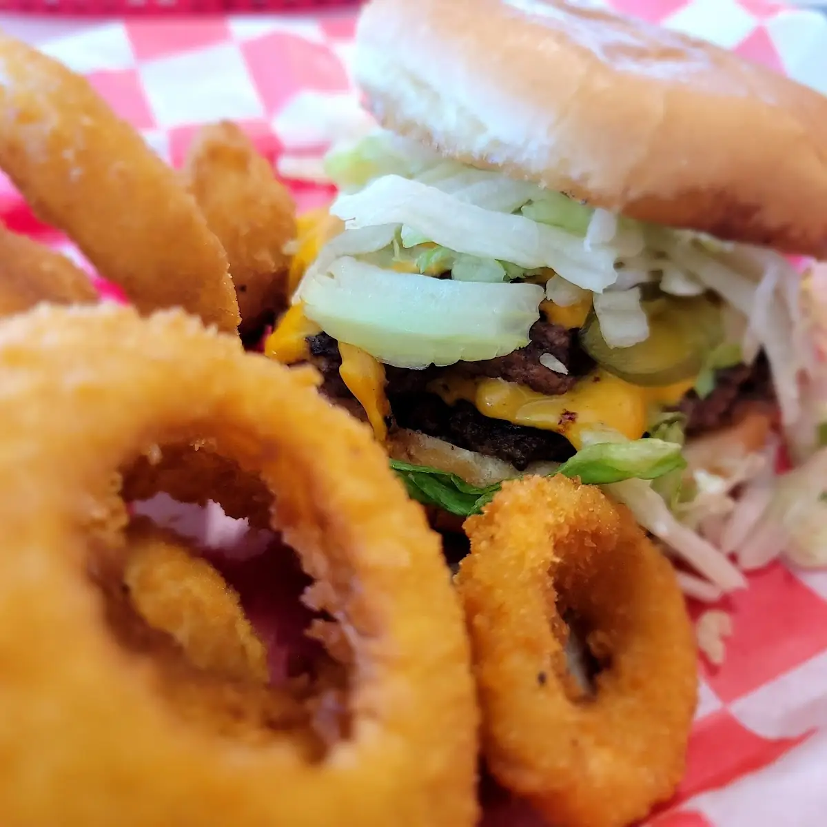 Mushroom Swiss Burger with Onion Rings