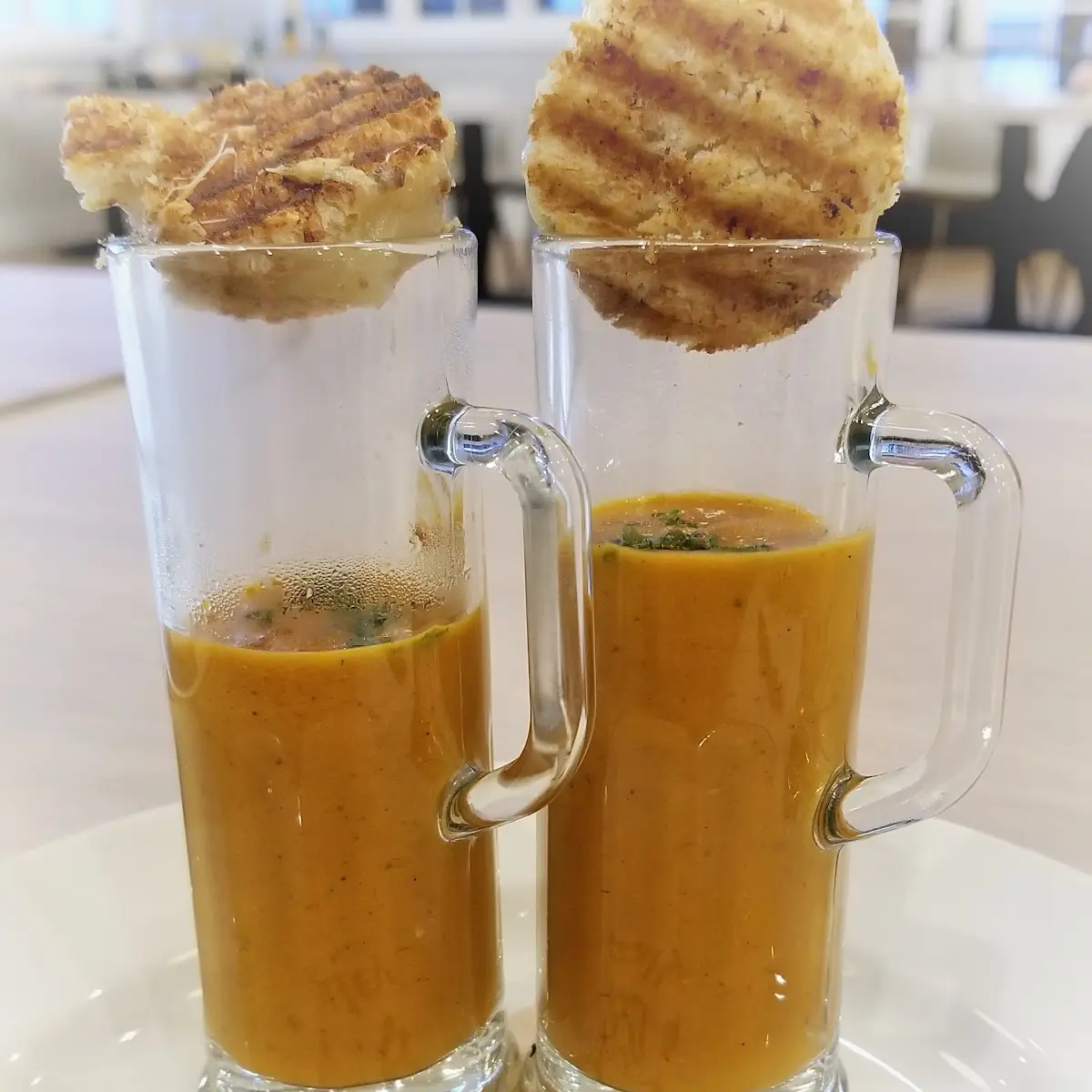 Tomato and Basil Shooter with Mini Cheese on Toast