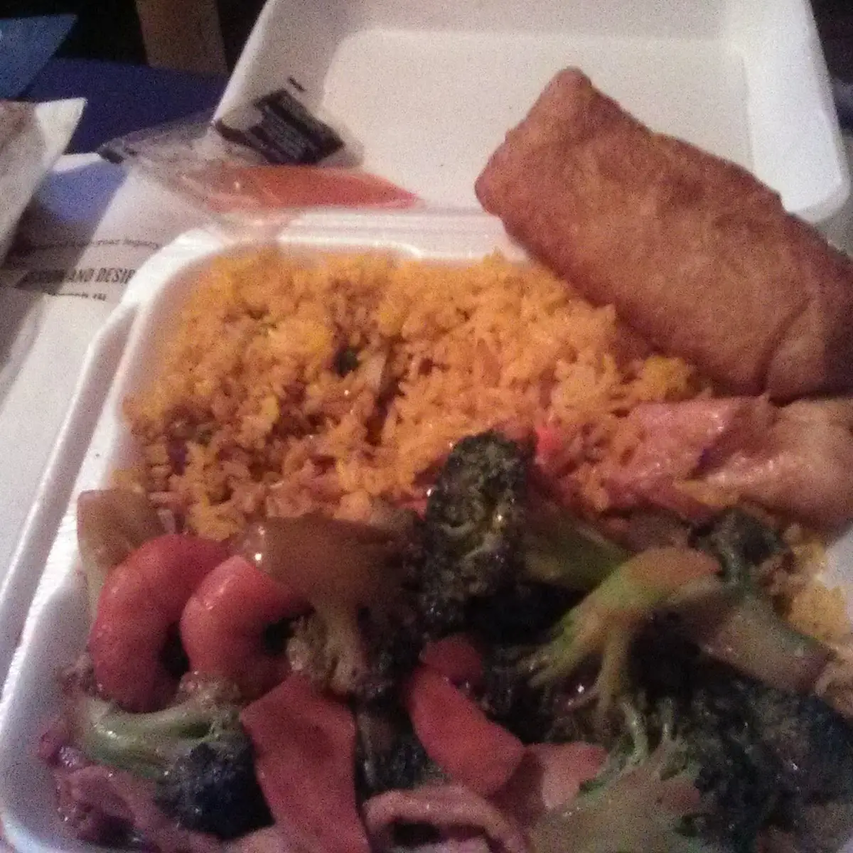 Chicken Broccoli Fried Rice and a Shrimp Egg Roll