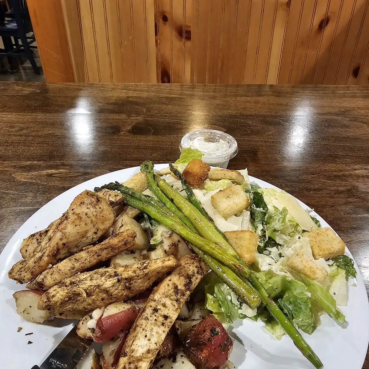 Grilled Chicken Caesar Salad & Roasted Potatoes and a Side of Asparagus Spears
