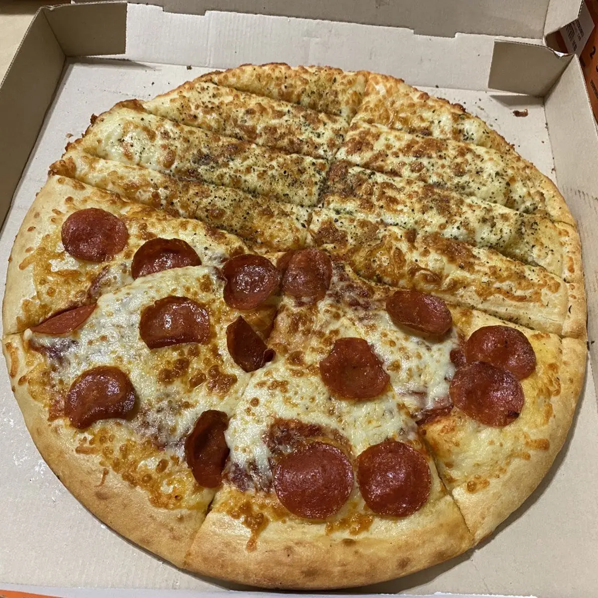 Half Pepperoni Pizza Half Italian Breadsticks