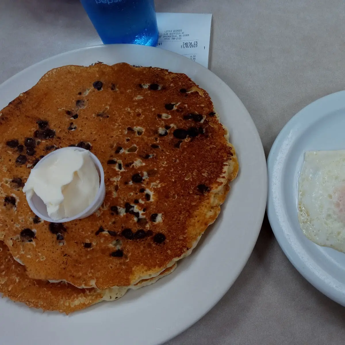 Two Eggs and Two Chocolate Chip Pancakes