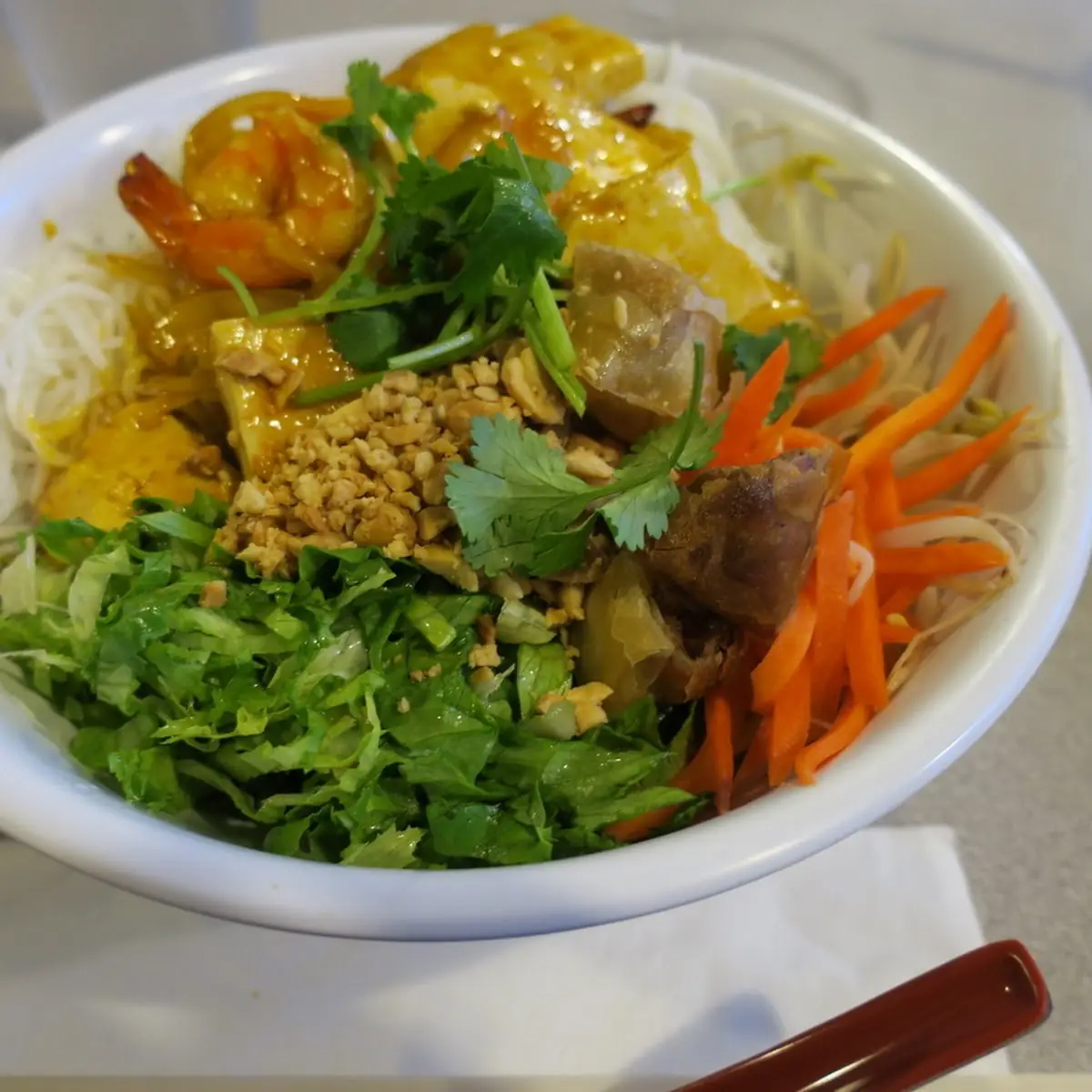 Rice Vermicelli with Tofu & Egg Rolls