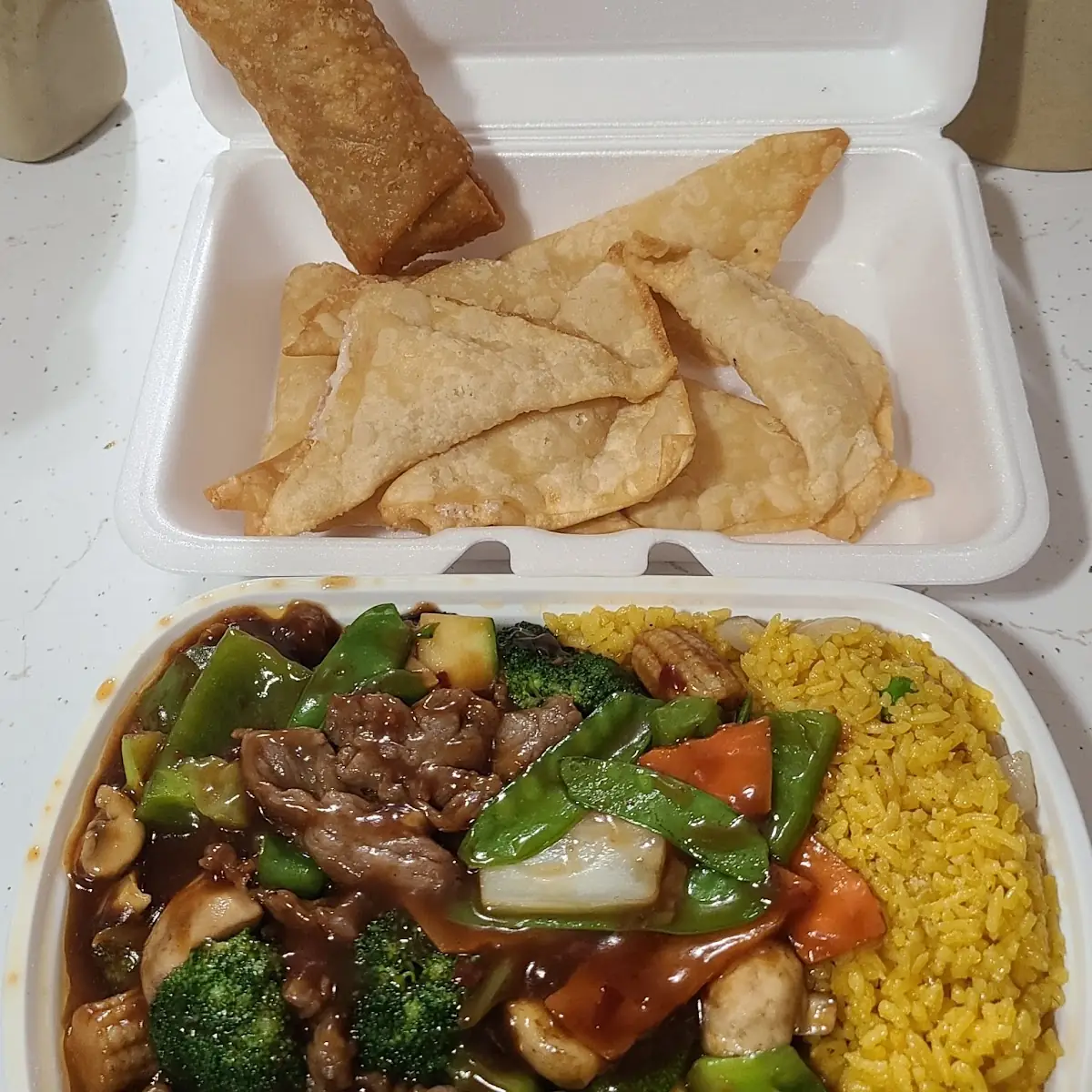 Hunan Beef with Crab Rangoon