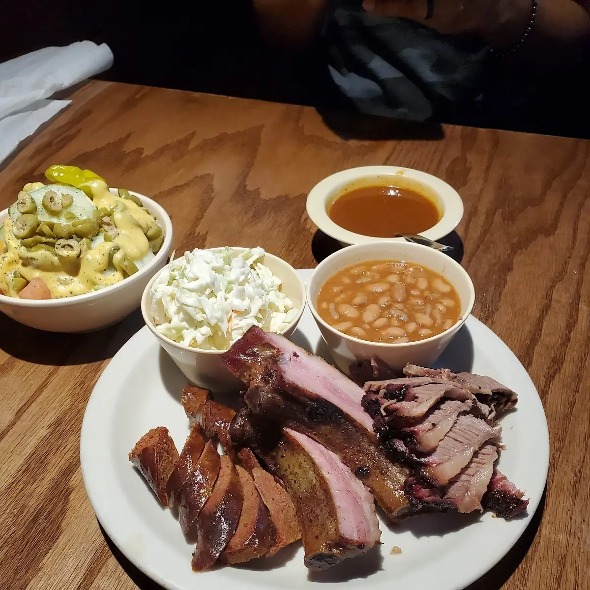 Sliced Brisket with Mashed Potatoes Fried Okra Potato Salad Green Beans