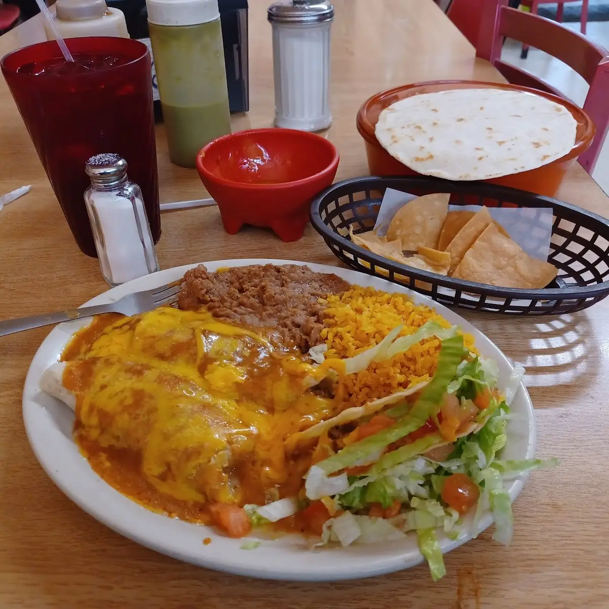 2 Beef Enchilada 1 Taco Rice & Beans and Tostada