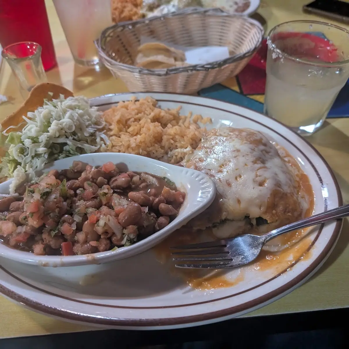 Chili Rellano Shredded Beef Taco Pot Beans and Rice