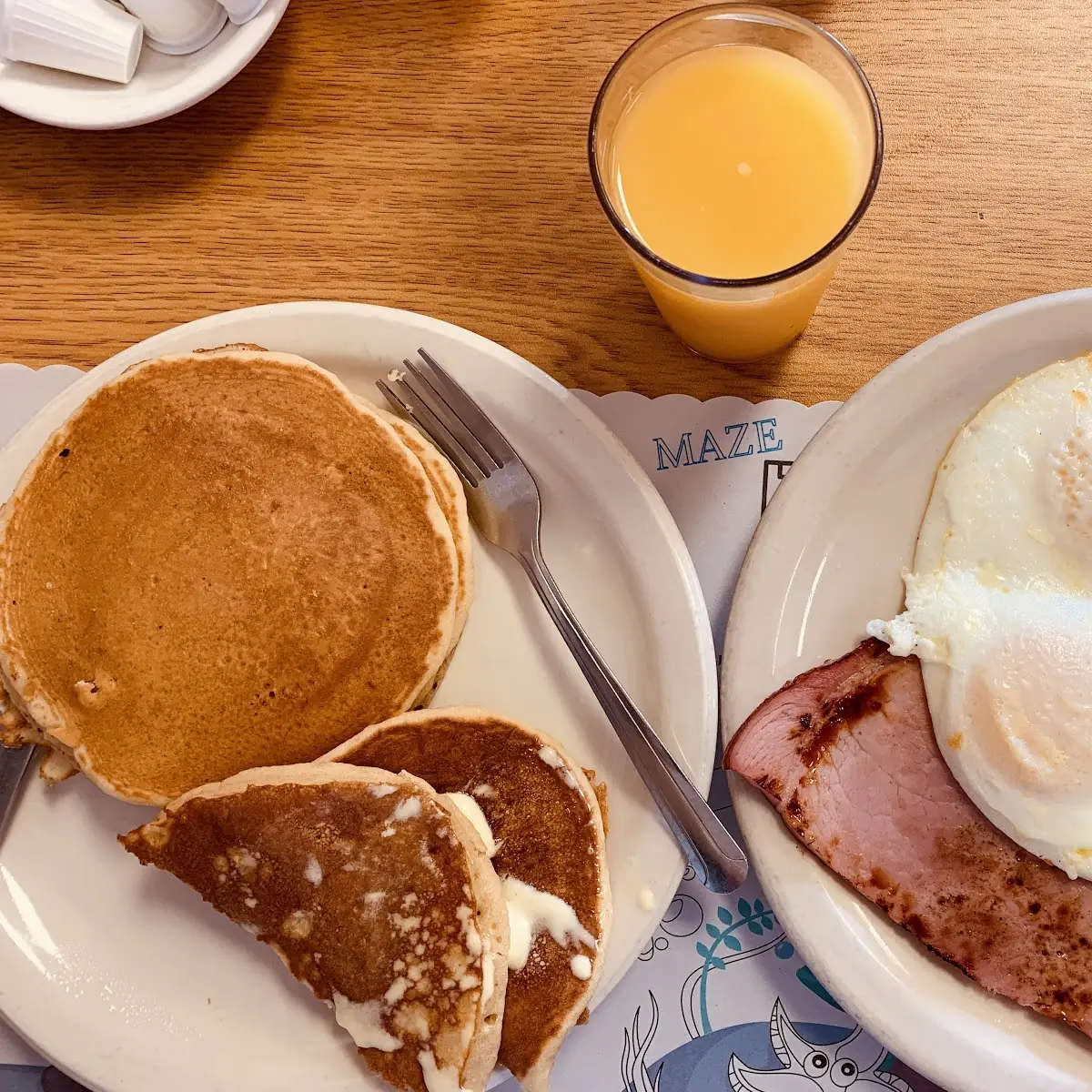 Pancakes Fried Eggs and Ham