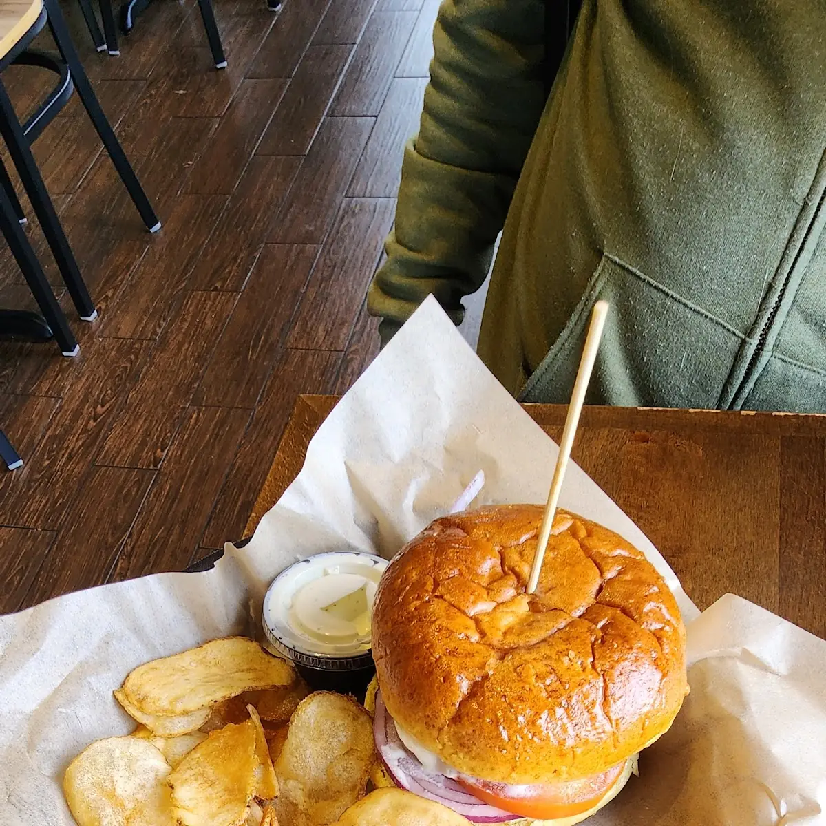 Regular Hamburger with Chips You Can Add Whatever to Your Burger