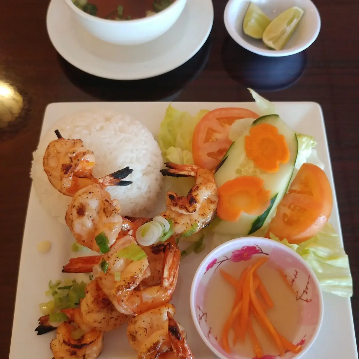 Grilled Shrimp Skewers with Rice and Broth