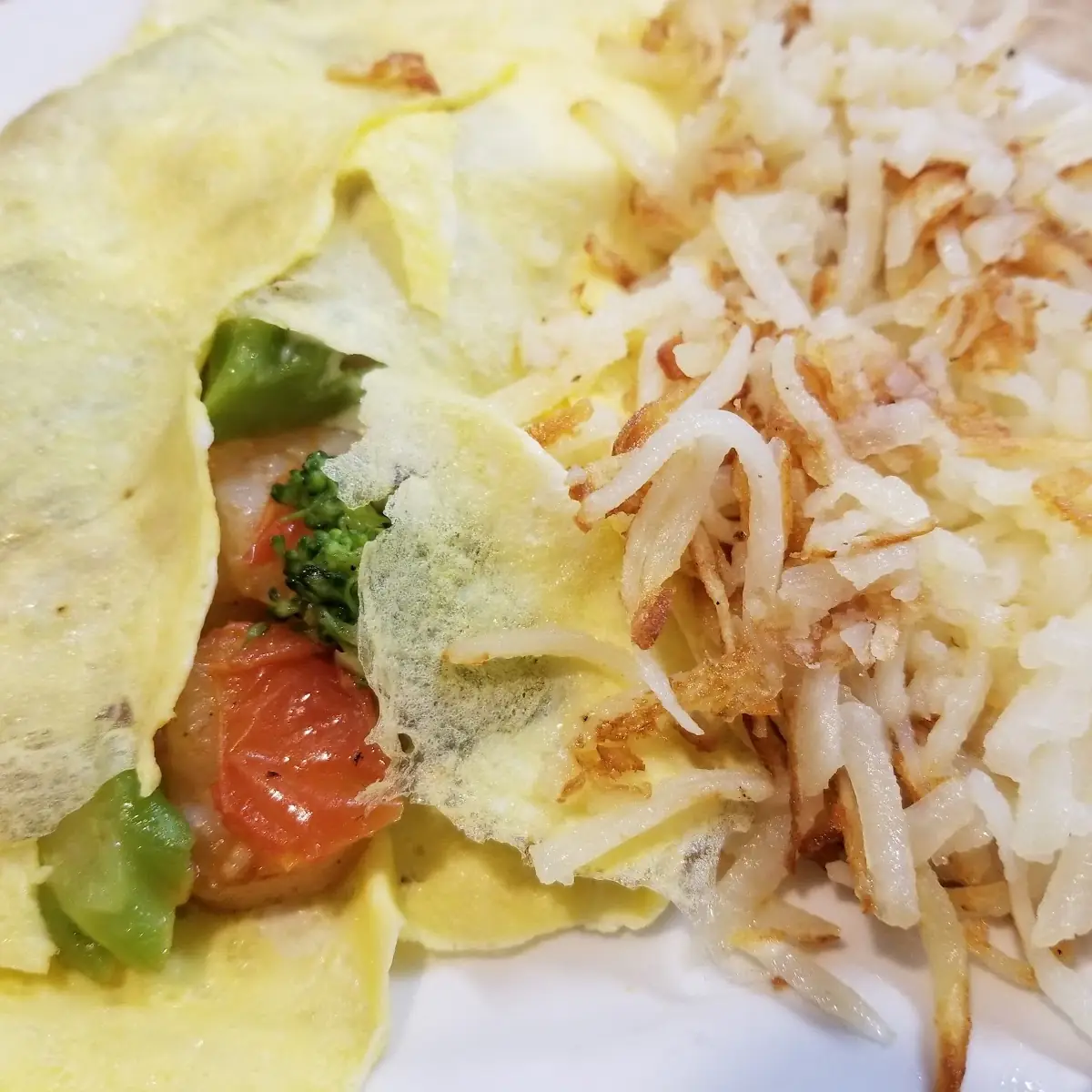 Shrimp Omelet with Hash Browns