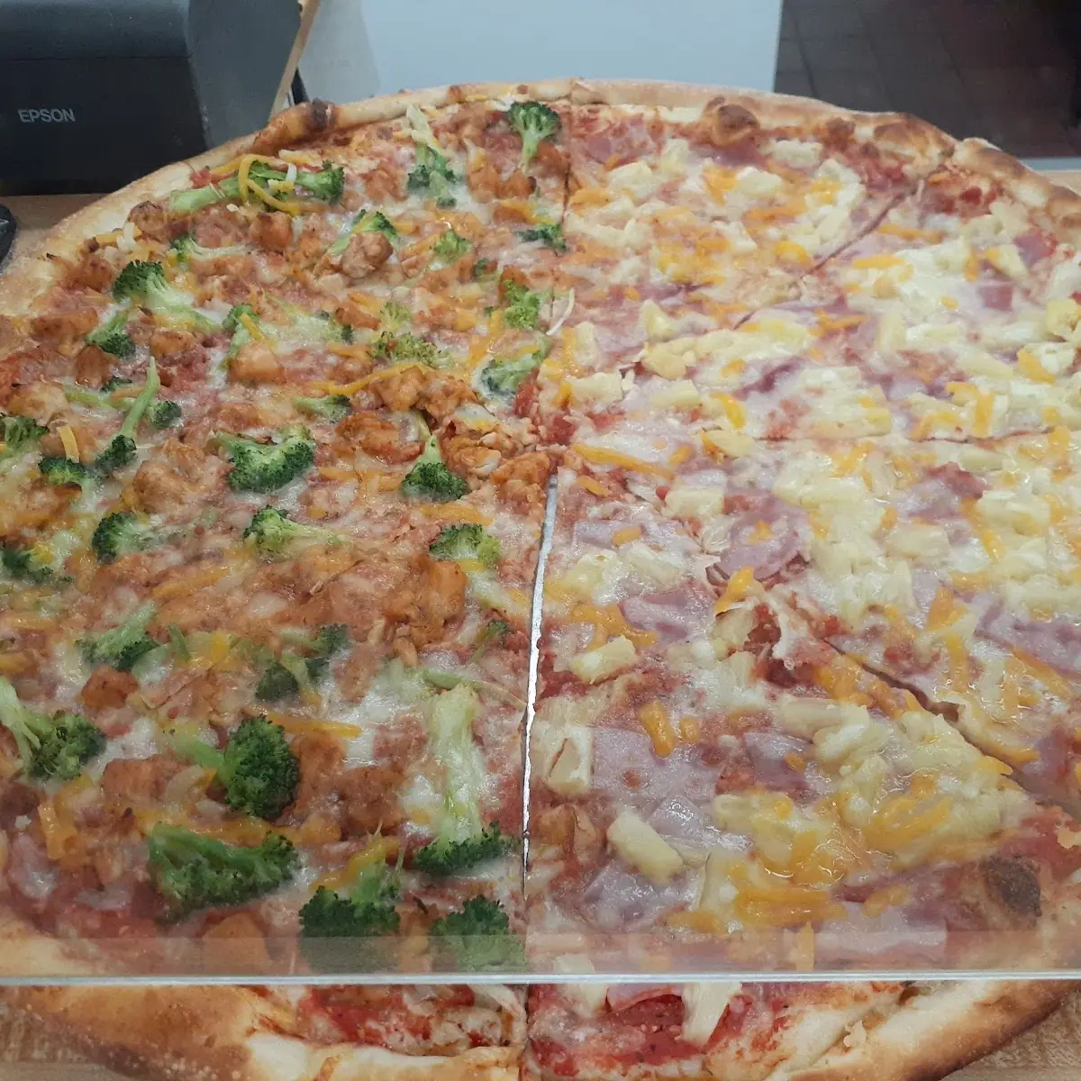 Chicken Broccoli Pineapple Ham Pizza Slices