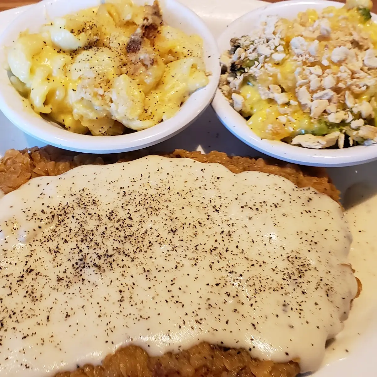 Chicken Fried Steak with Mac N Cheese and Broccoli Cheese Casserole