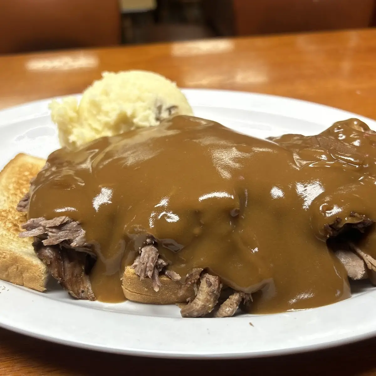 Hot Open-Faced Roast Beef with Brown Gravy on Toast