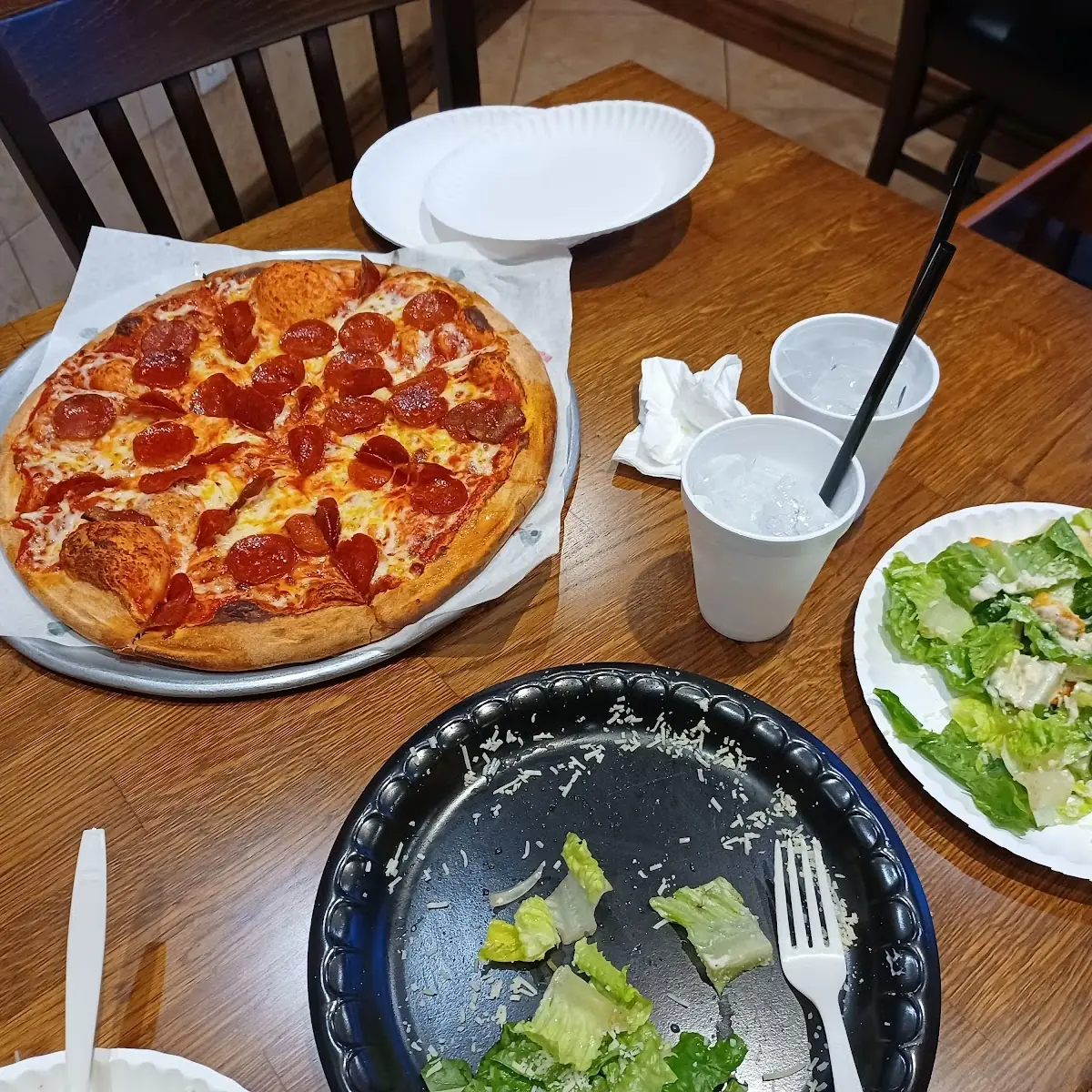 Pepperoni Pizza with Cesar Salad and BBQ Wings