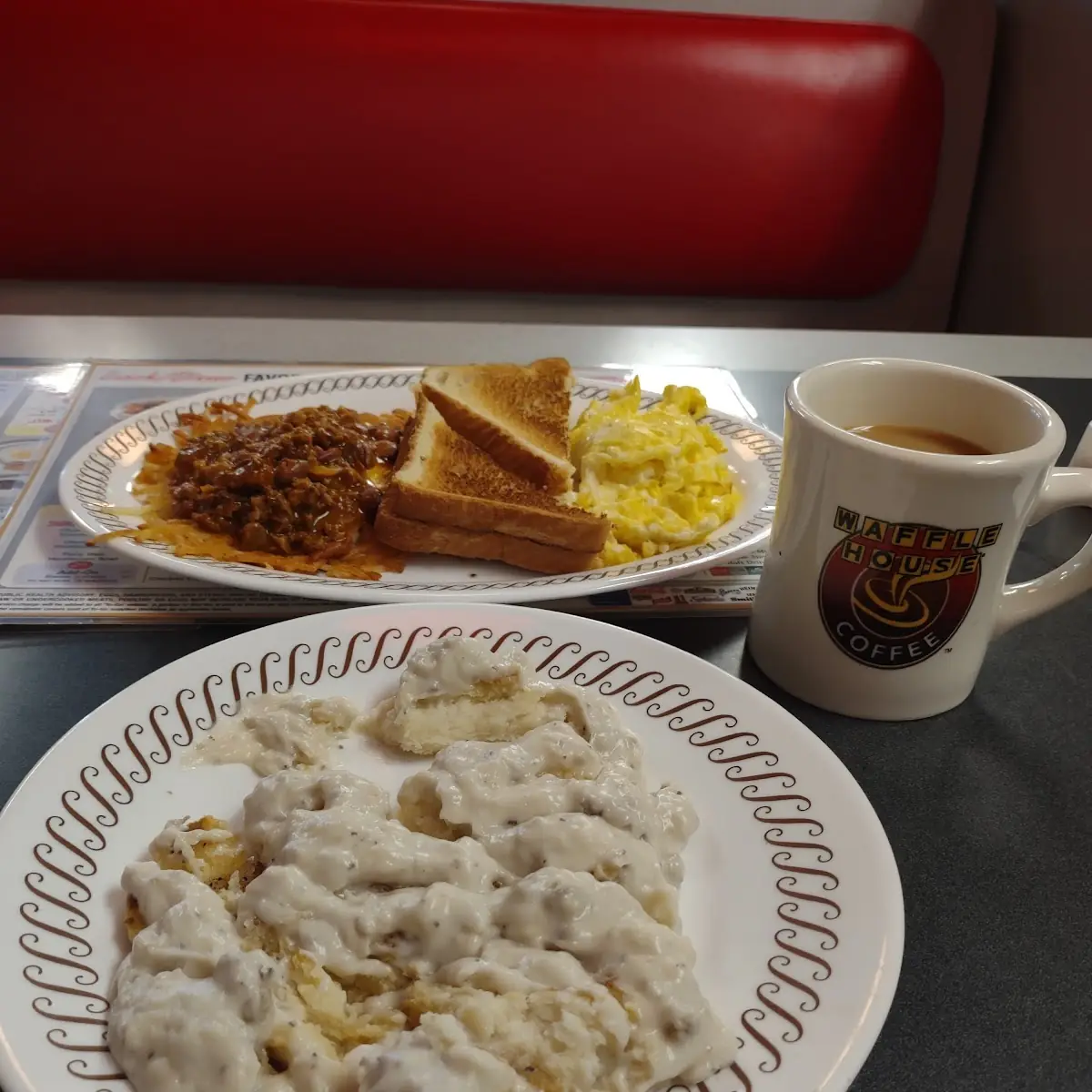 Biscuits and Gravy Scrambled Eggs with Smothered Hash Browns and Toast Coffee