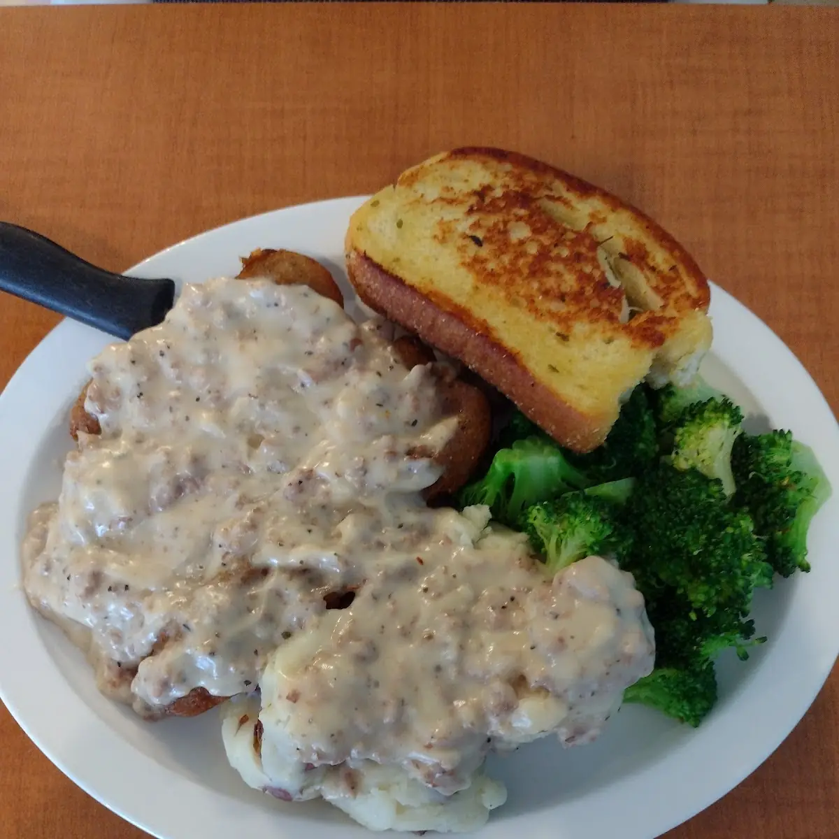 Country Fried Steak with Gray Mashed Potatoes and Broccoli