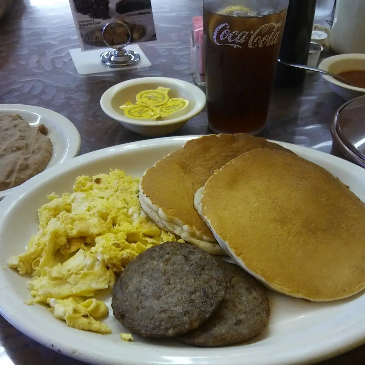 Scrambled Eggs with Pancakes and Sausage